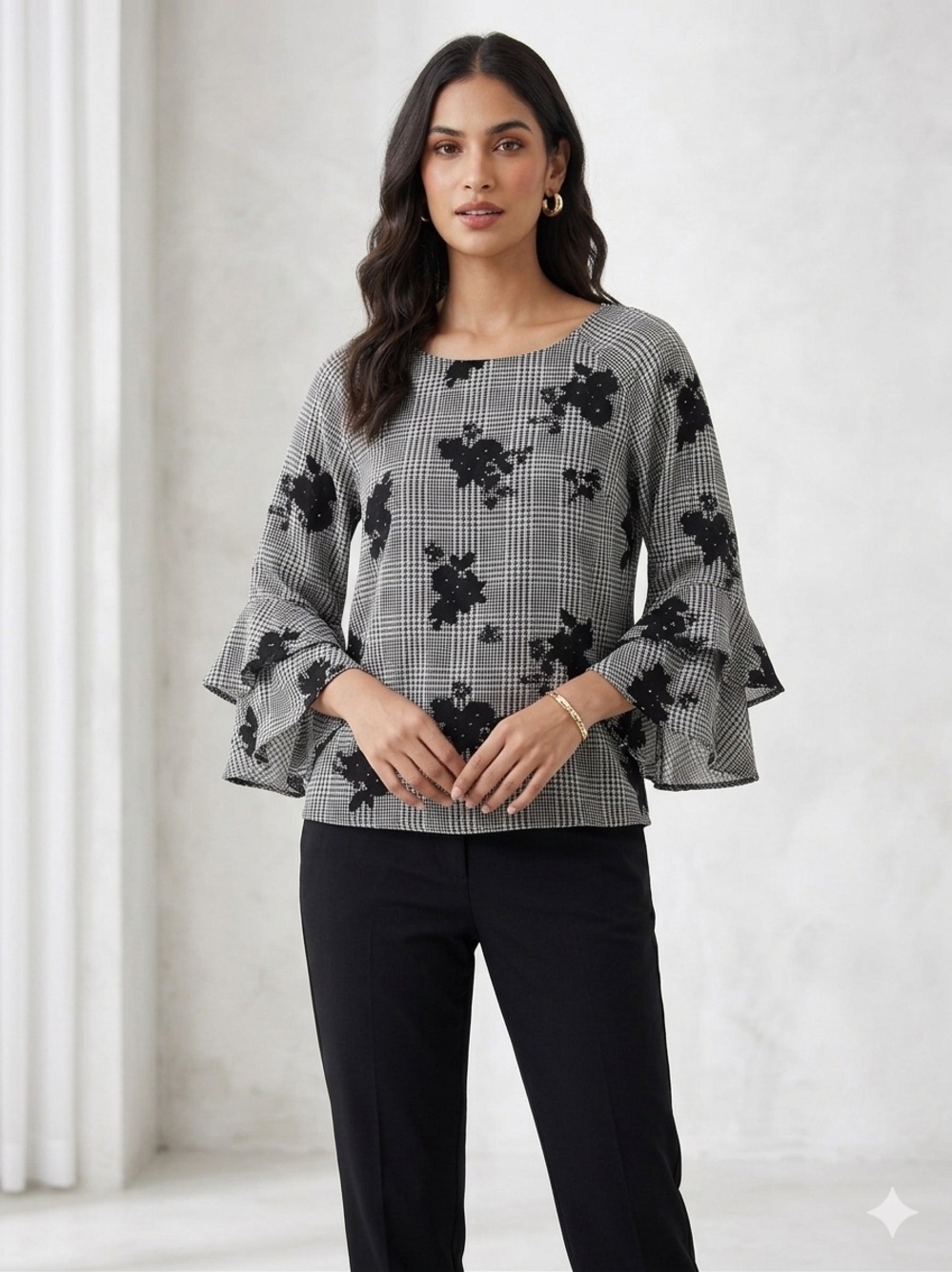 Roz & Ali Black & White Plaid Floral Ruffle-Sleeve Top - XL